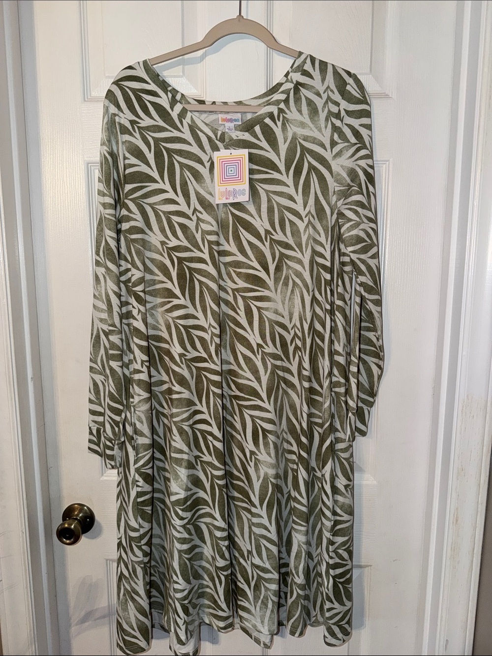LuLaRoe Emily dress, Cream background, olive green leaf pattern, Large, NEW